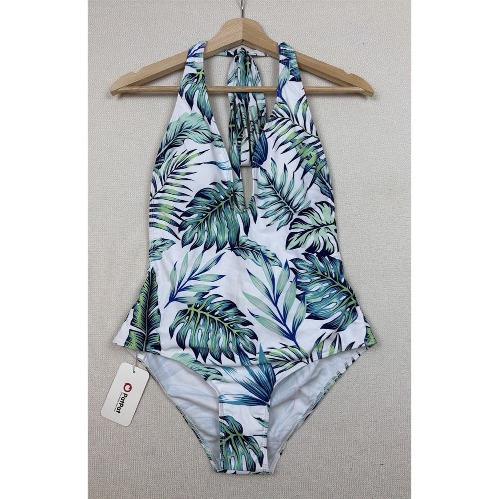 NWT Pat Pat Womens One Piece‎ Halter Open Back Swimsuit M Leaf Print Tropical